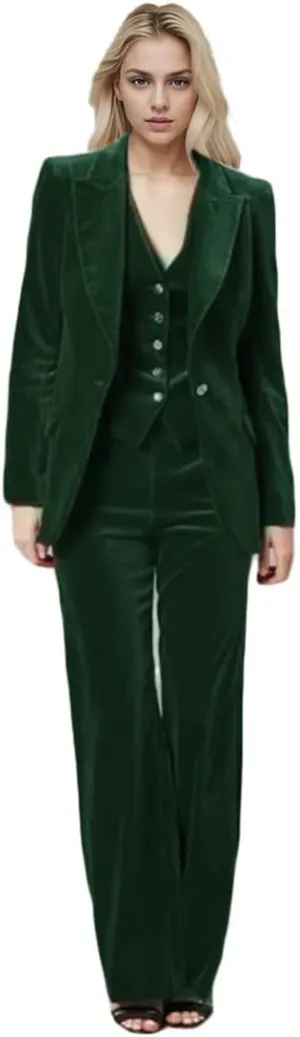3 PC Womens Velvet Pant Suit - Peak Lapel Business Blazer Vest Pants for Prom Office Work
