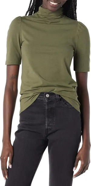Amazon Essentials Women's Cotton Modal Draped Puff Sleeve Turtleneck