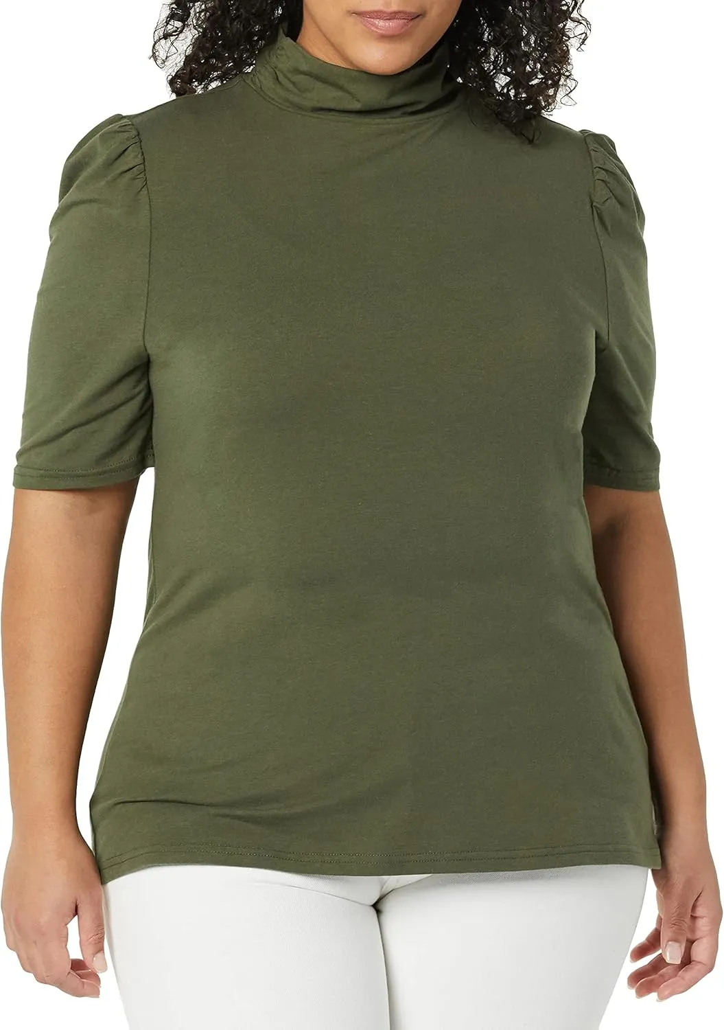 Amazon Essentials Women's Cotton Modal Draped Puff Sleeve Turtleneck