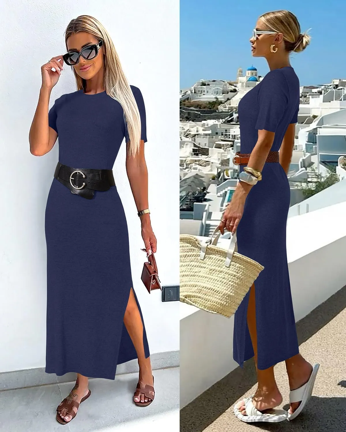Arach&Cloz Women's Wool Blend Lightweight Summer Casual T Shirts Maxi Dress 2025