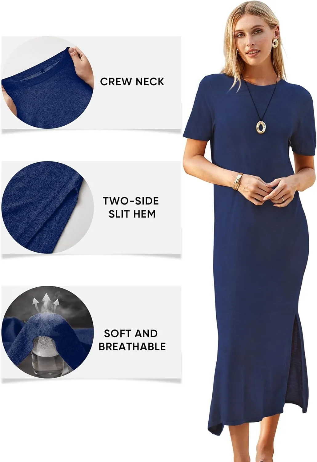 Arach&Cloz Women's Wool Blend Lightweight Summer Casual T Shirts Maxi Dress 2025