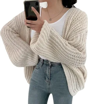 BAIMORE Women's Balloon Sleeve Cardigan Chunky Knit Solid Casual Loose Sweater