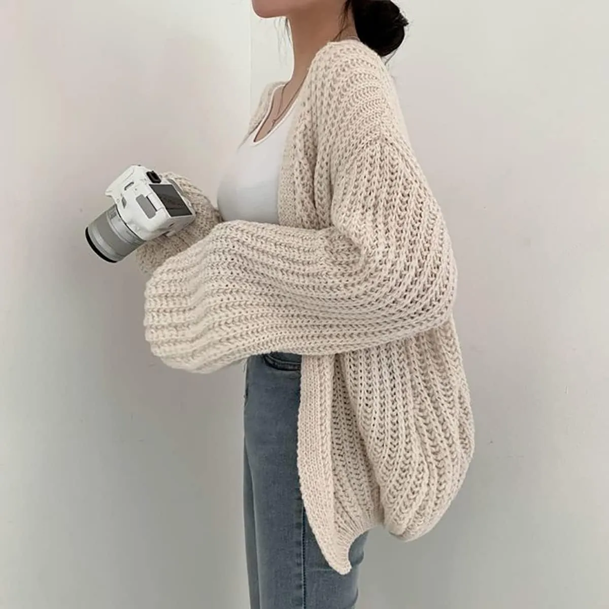 BAIMORE Women's Balloon Sleeve Cardigan Chunky Knit Solid Casual Loose Sweater