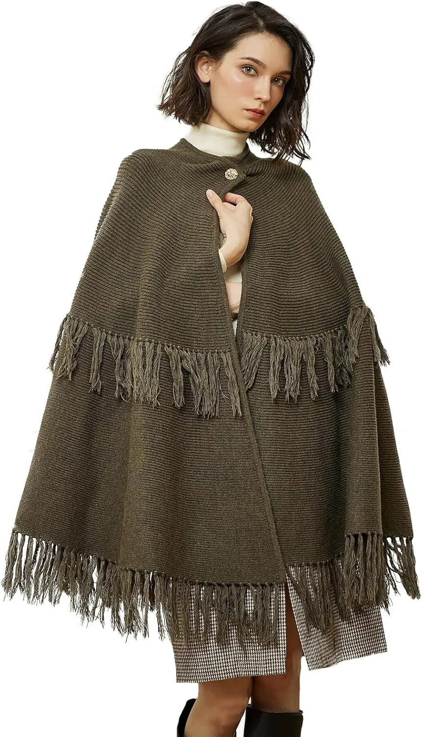 BEAUTELICATE Women's Poncho Cape Vintage Knitted Tassel Warm Winter Autumn Coat Sweater Cape Cardigan Sweater