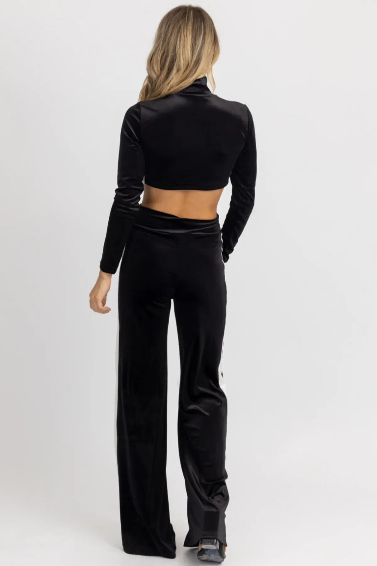 BLACK VELVET CONTRAST STRIPE PANT SET