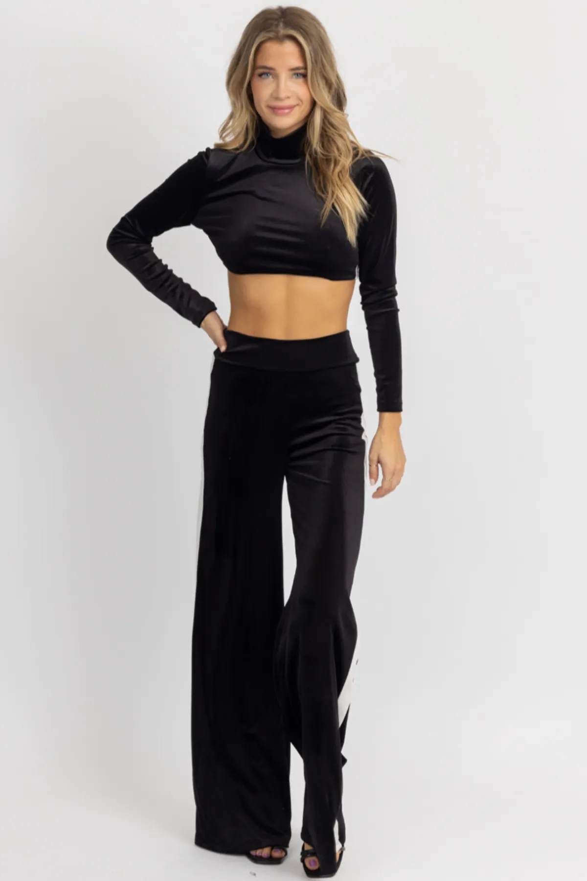 BLACK VELVET CONTRAST STRIPE PANT SET