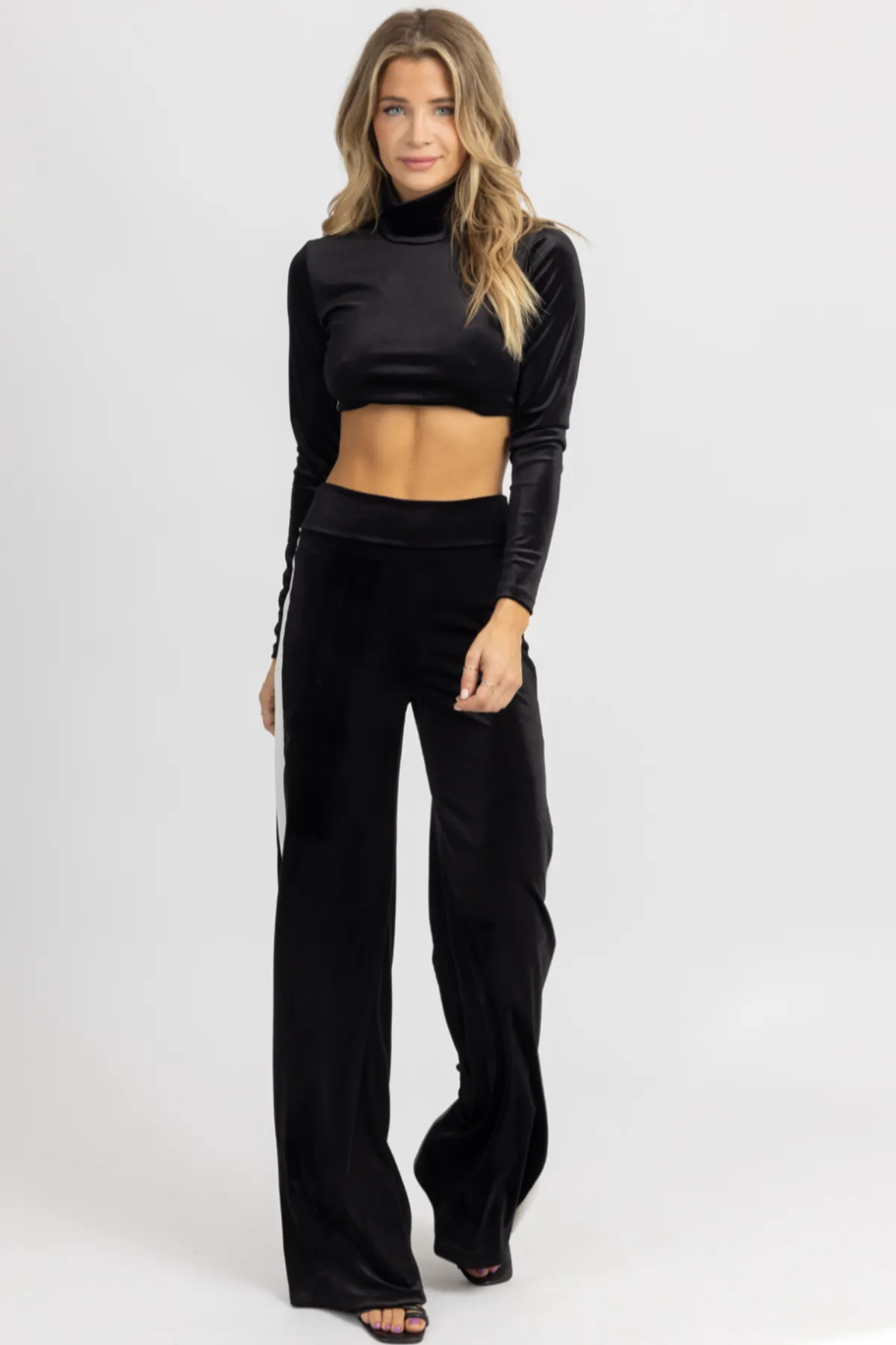 BLACK VELVET CONTRAST STRIPE PANT SET