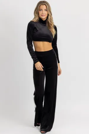 BLACK VELVET CONTRAST STRIPE PANT SET