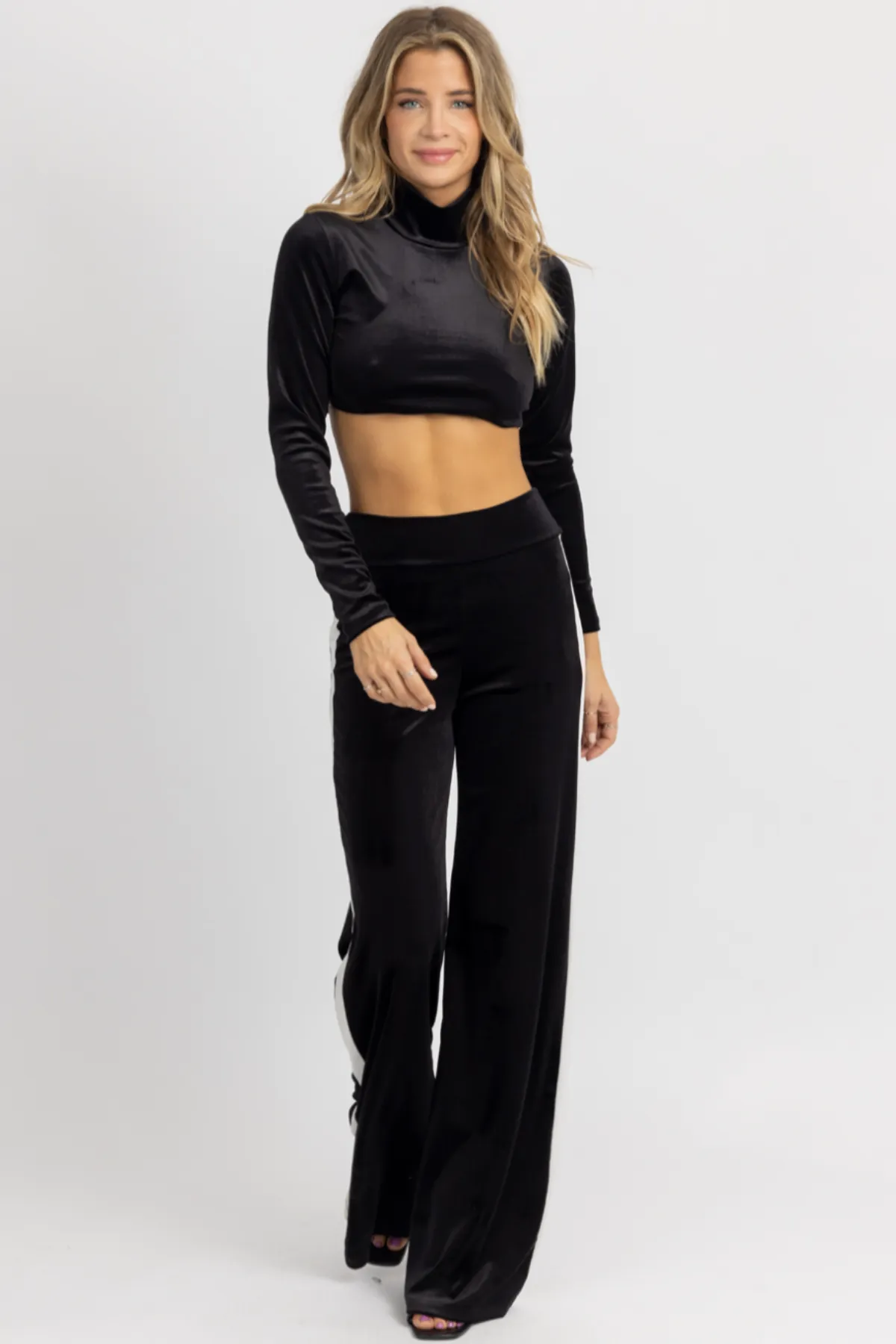 BLACK VELVET CONTRAST STRIPE PANT SET