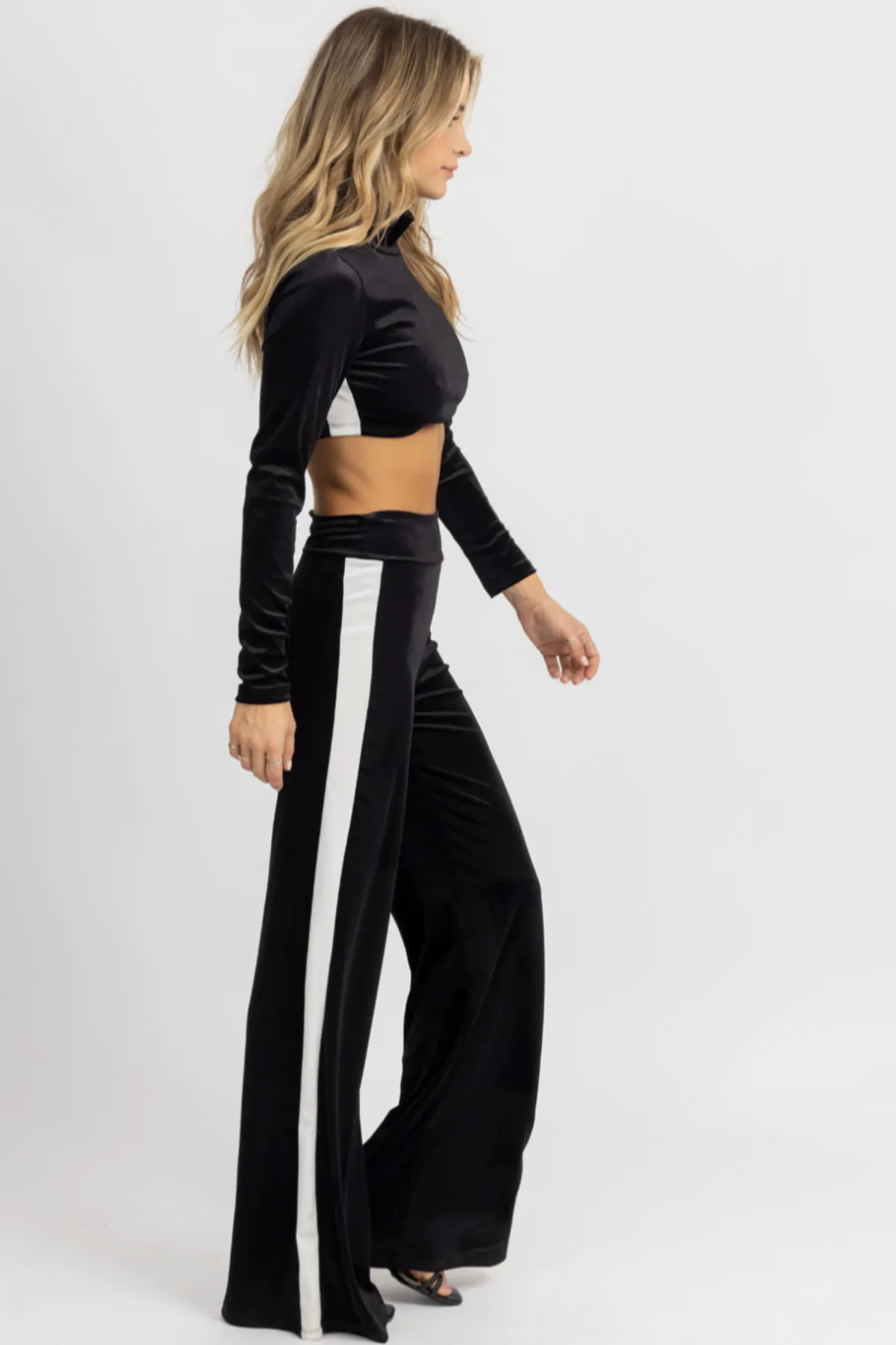 BLACK VELVET CONTRAST STRIPE PANT SET