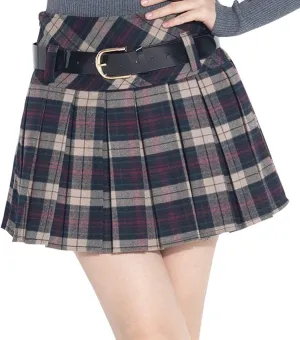 chouyatou Women's A-Line Plaid Wool Blend Pleated Skirt Side Zipper