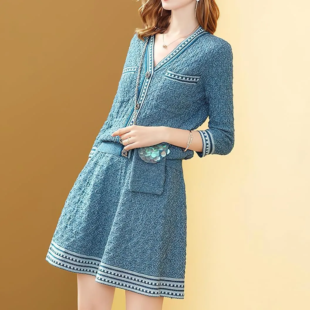 chouyatou Womens Fall 2 Piece Sweater Skirt Sets Jacquard Knit Sweater Cardigan Top Short Midi Skirt Outfits