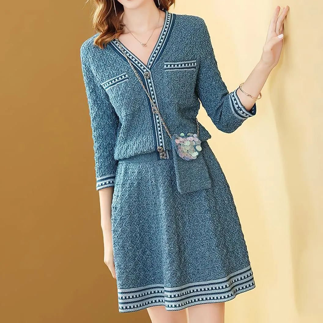 chouyatou Womens Fall 2 Piece Sweater Skirt Sets Jacquard Knit Sweater Cardigan Top Short Midi Skirt Outfits