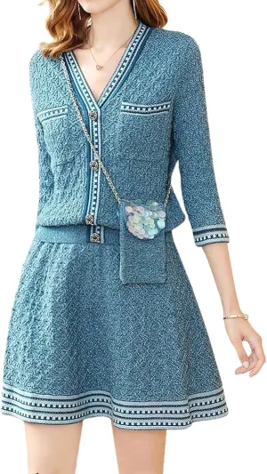 chouyatou Womens Fall 2 Piece Sweater Skirt Sets Jacquard Knit Sweater Cardigan Top Short Midi Skirt Outfits