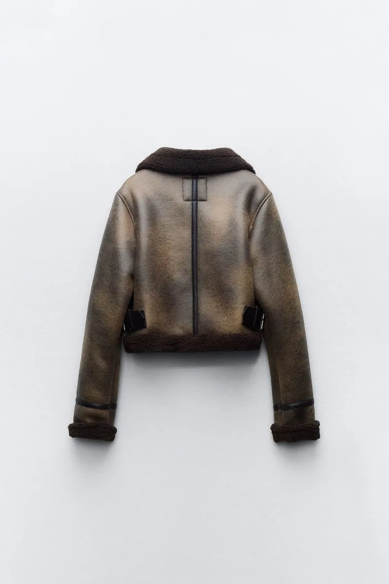 Cropped Brown Leather Shearling Jacket
