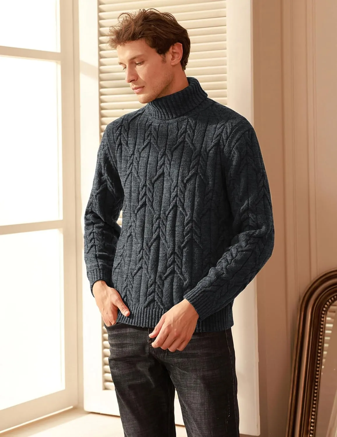GRACE KARIN Men's Turtneck Pullover Sweaters Long Sleeve Solid Color Twisted Knit Sweater
