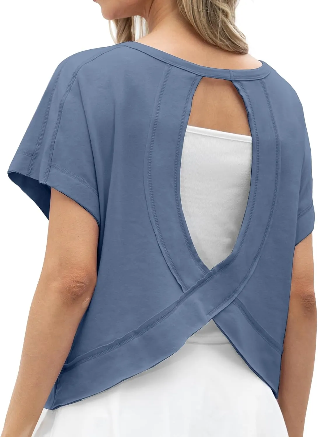 GRECERELLE Women's Open Back Workout Tops Backless Athletic Shirts Casual Crop Running Tee Y2k Yoga