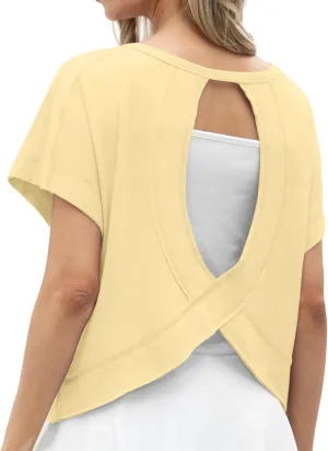 GRECERELLE Women's Open Back Workout Tops Backless Athletic Shirts Casual Crop Running Tee Y2k Yoga