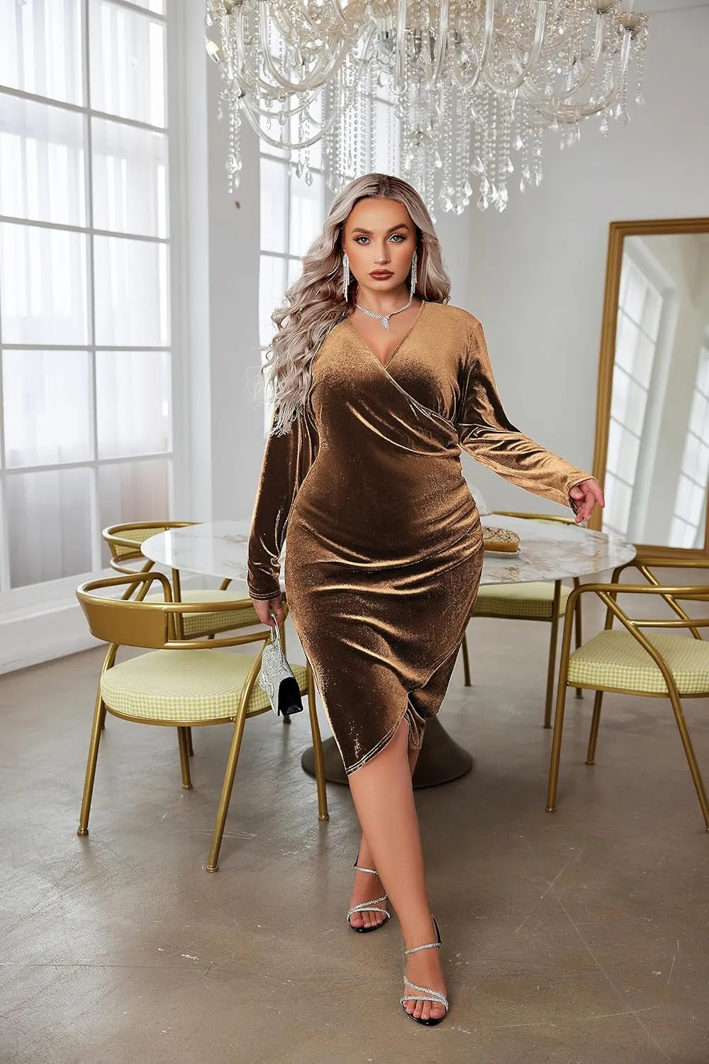 IN'VOLAND Womens Plus Size Long Sleeve Velvet Bodycon Dresses Ruched Wrap V Neck Cocktail Party Dress