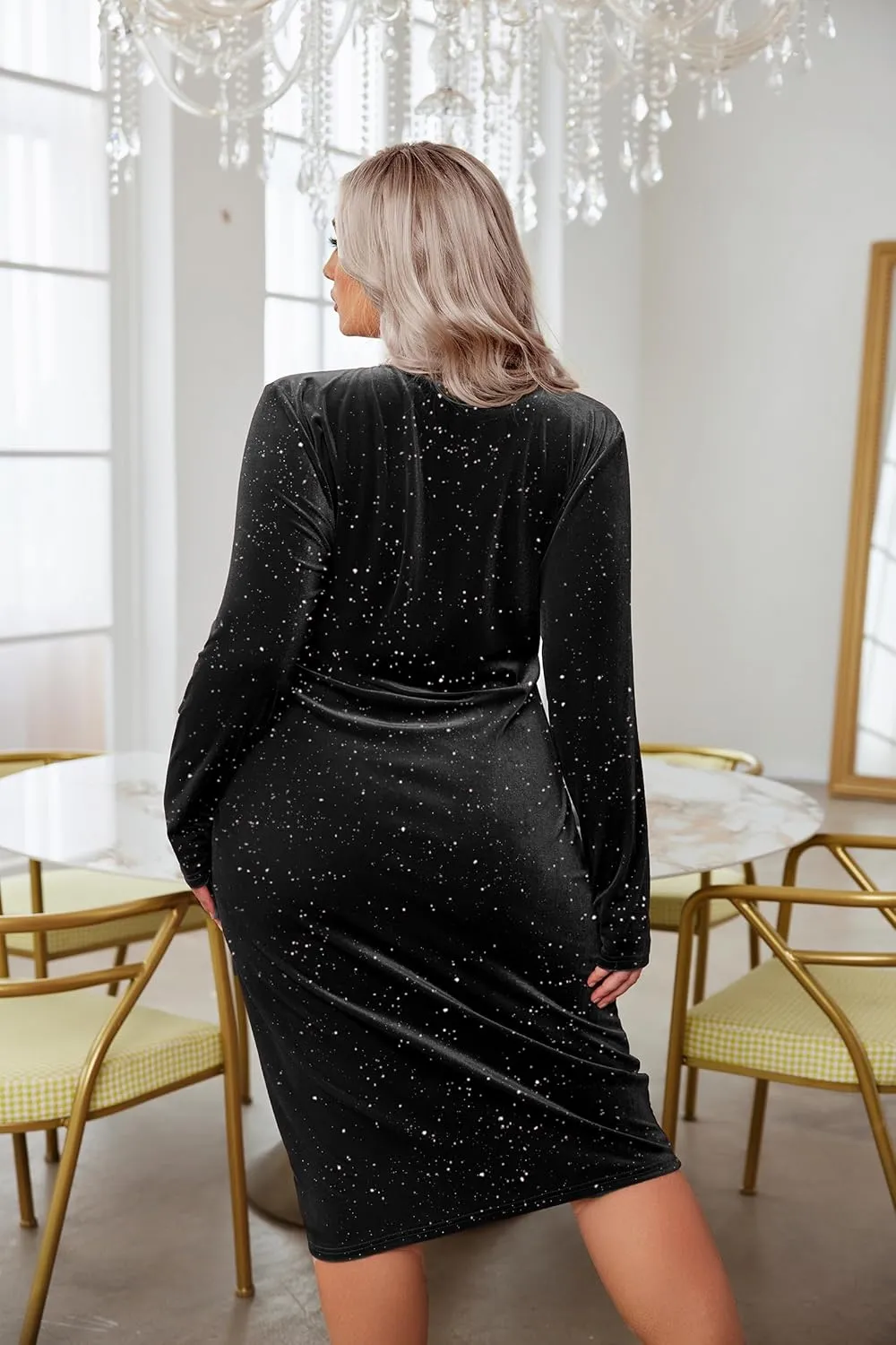 IN'VOLAND Womens Plus Size Long Sleeve Velvet Bodycon Dresses Ruched Wrap V Neck Cocktail Party Dress