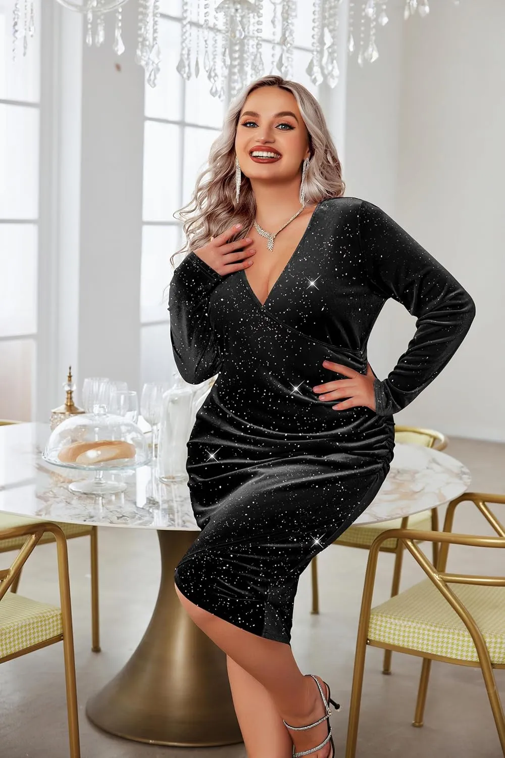 IN'VOLAND Womens Plus Size Long Sleeve Velvet Bodycon Dresses Ruched Wrap V Neck Cocktail Party Dress
