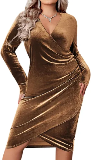 IN'VOLAND Womens Plus Size Long Sleeve Velvet Bodycon Dresses Ruched Wrap V Neck Cocktail Party Dress