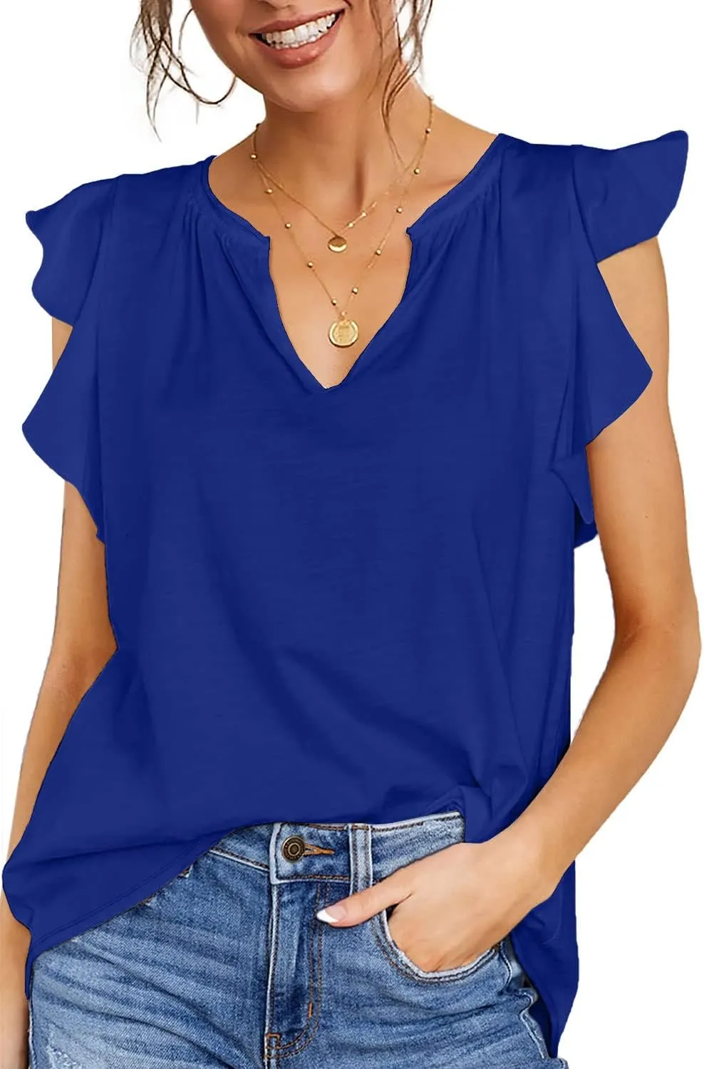 Kikula Womens Summer Tops Cute Trendy Ruffle Cap Sleeve T Shirts V Neck Tops Dressy Casual