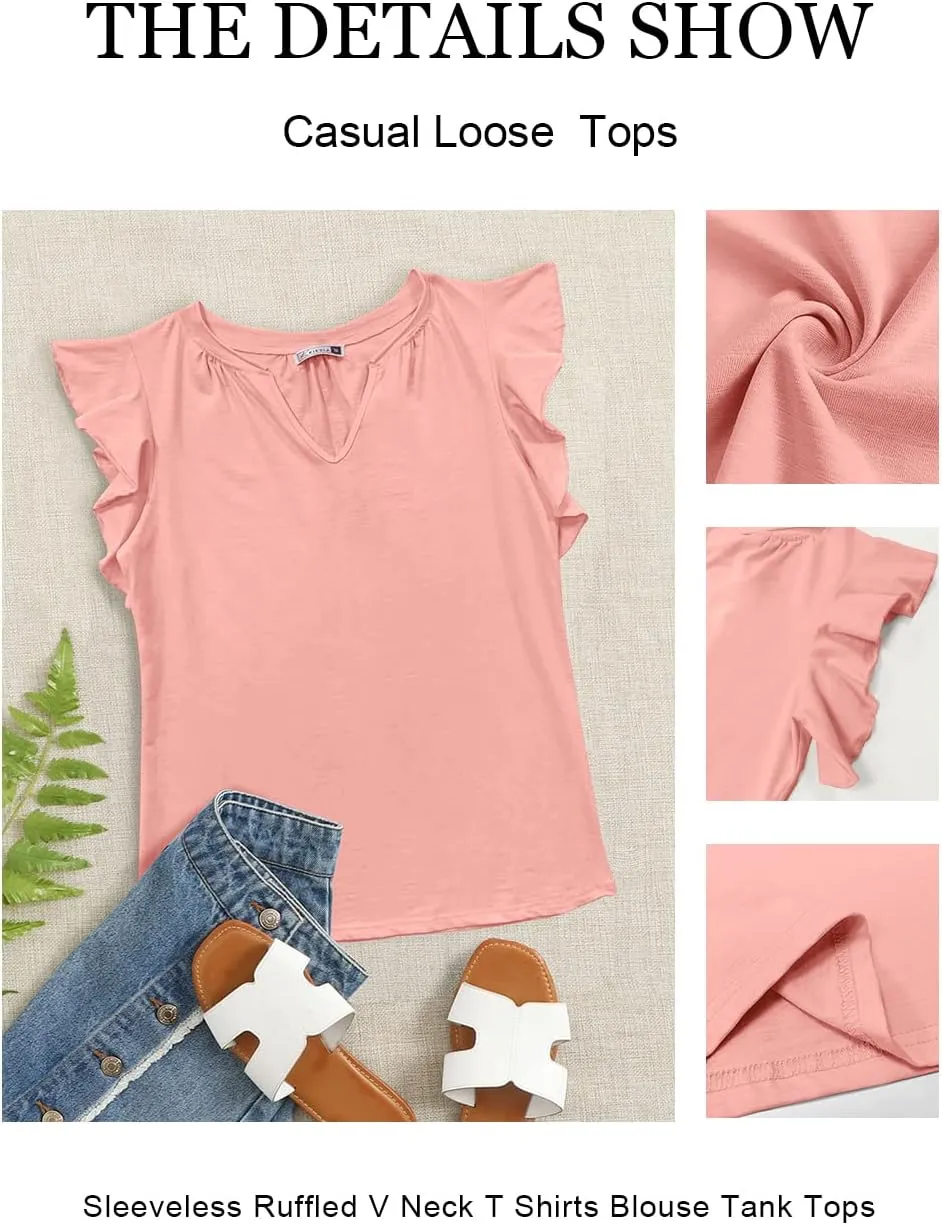 Kikula Womens Summer Tops Cute Trendy Ruffle Cap Sleeve T Shirts V Neck Tops Dressy Casual