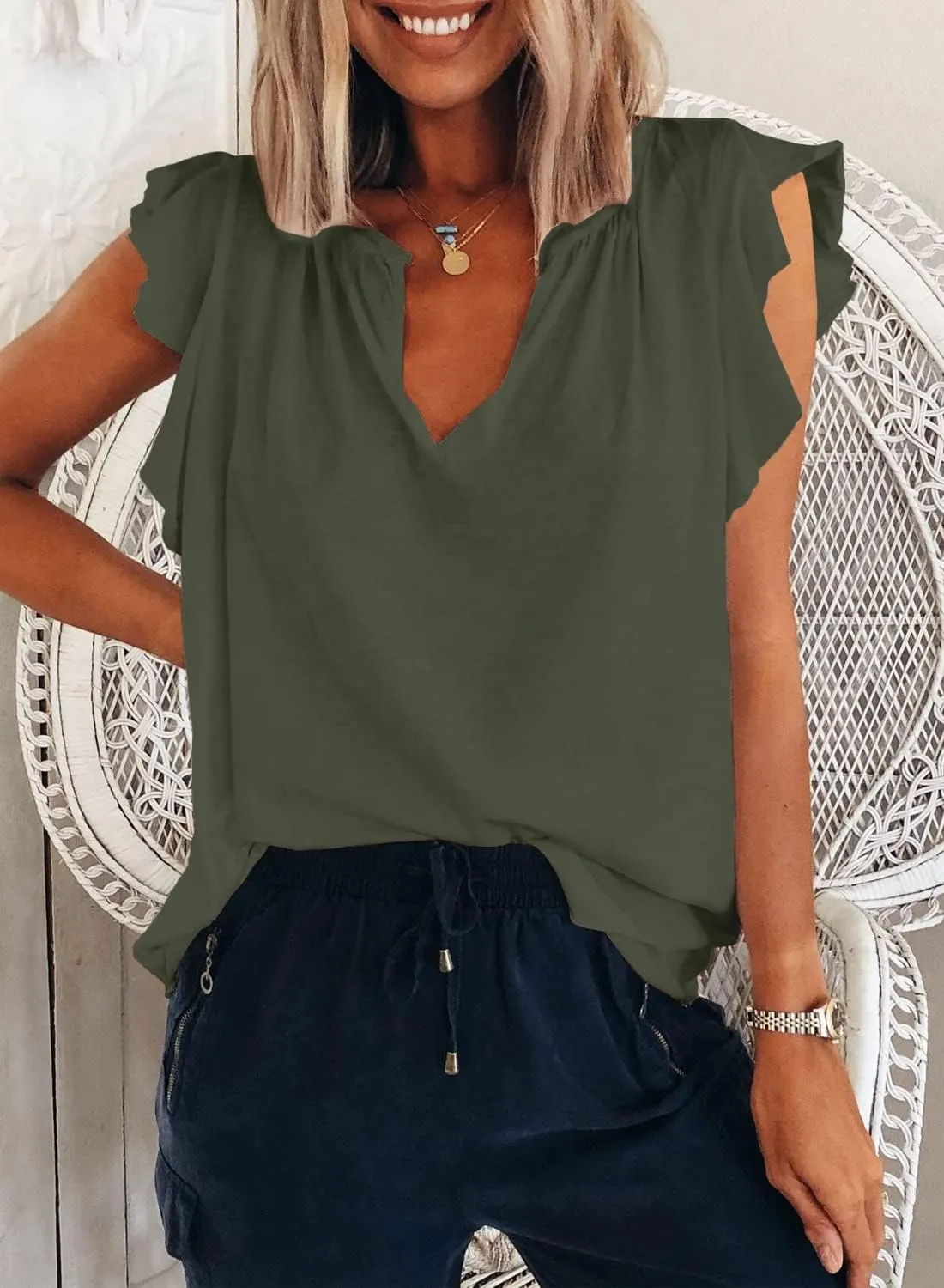 Kikula Womens Summer Tops Cute Trendy Ruffle Cap Sleeve T Shirts V Neck Tops Dressy Casual