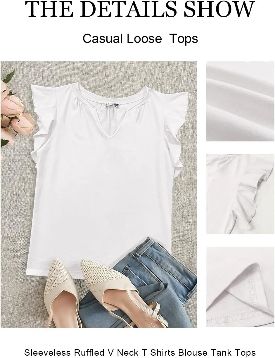 Kikula Womens Summer Tops Cute Trendy Ruffle Cap Sleeve T Shirts V Neck Tops Dressy Casual