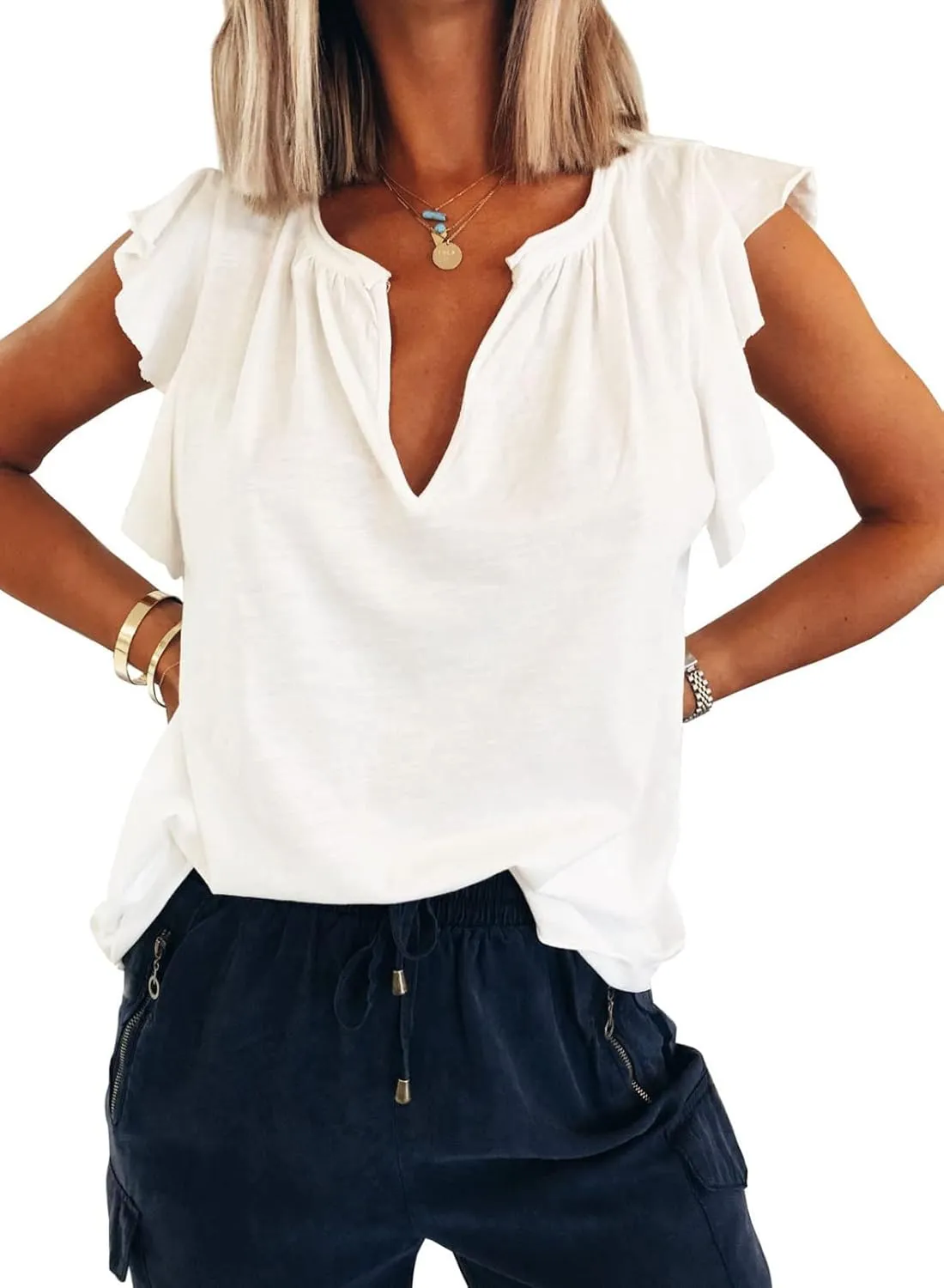 Kikula Womens Summer Tops Cute Trendy Ruffle Cap Sleeve T Shirts V Neck Tops Dressy Casual