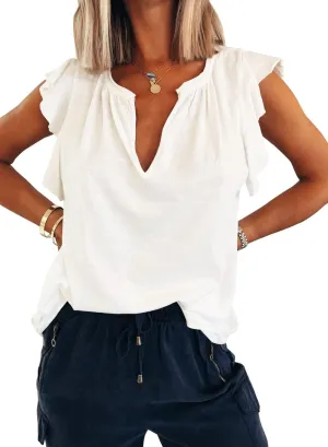 Kikula Womens Summer Tops Cute Trendy Ruffle Cap Sleeve T Shirts V Neck Tops Dressy Casual