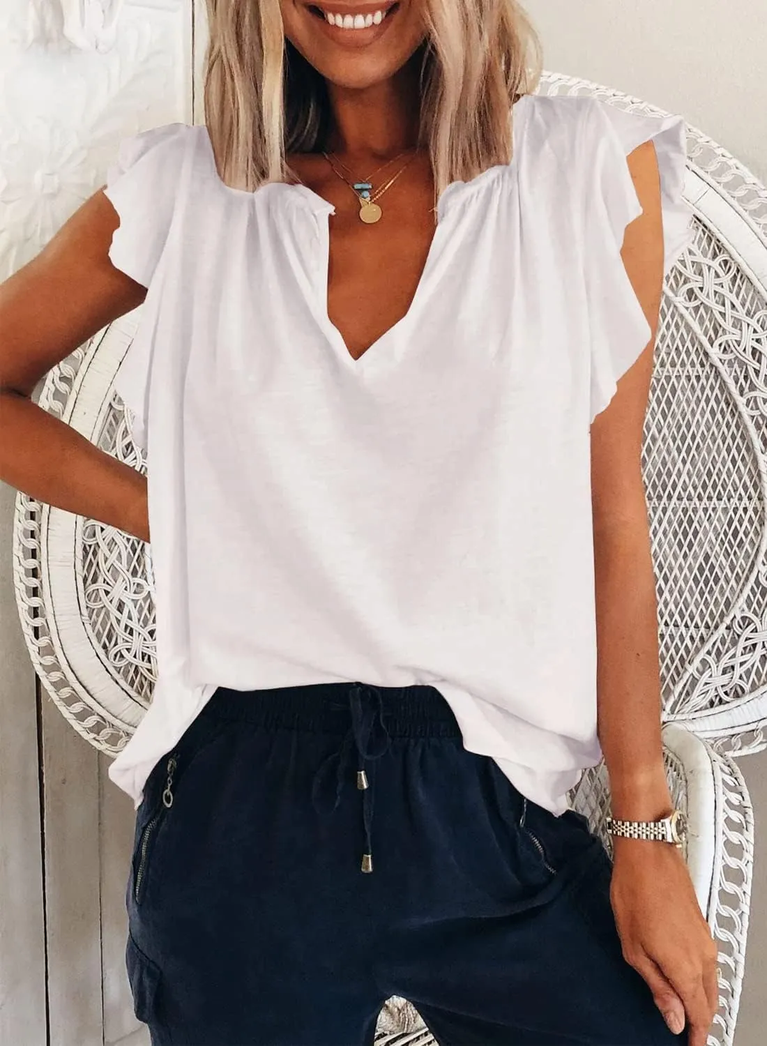 Kikula Womens Summer Tops Cute Trendy Ruffle Cap Sleeve T Shirts V Neck Tops Dressy Casual
