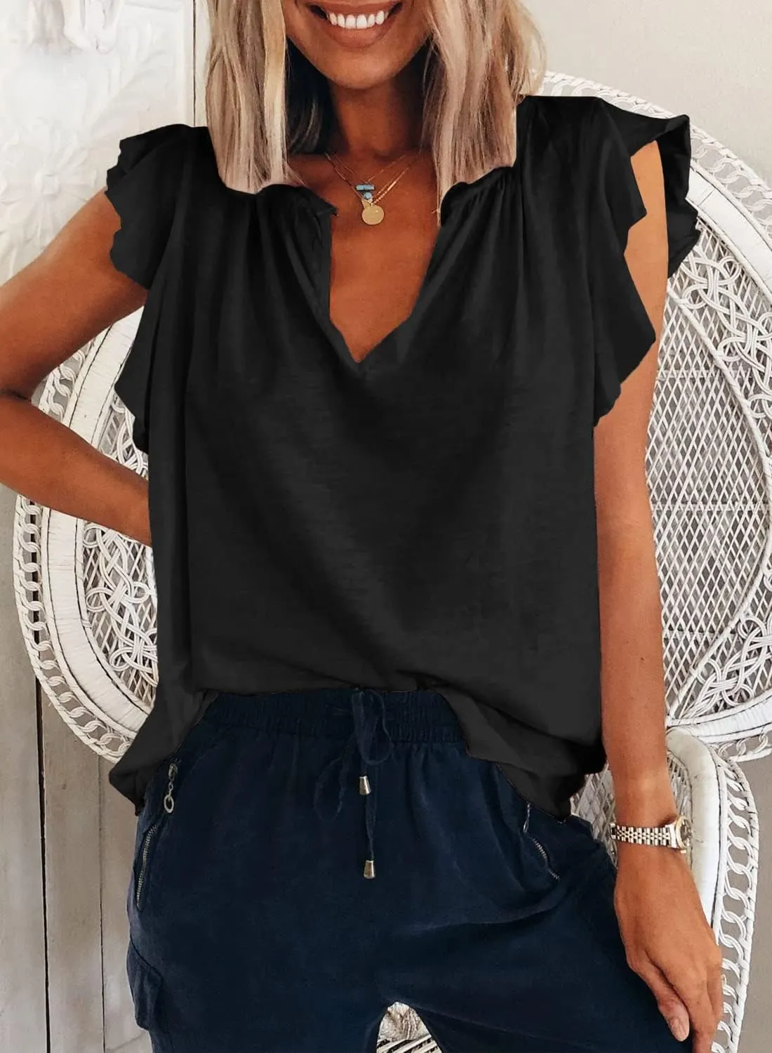 Kikula Womens Summer Tops Cute Trendy Ruffle Cap Sleeve T Shirts V Neck Tops Dressy Casual