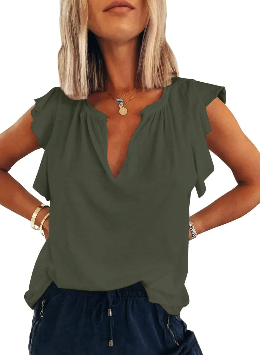 Kikula Womens Summer Tops Cute Trendy Ruffle Cap Sleeve T Shirts V Neck Tops Dressy Casual