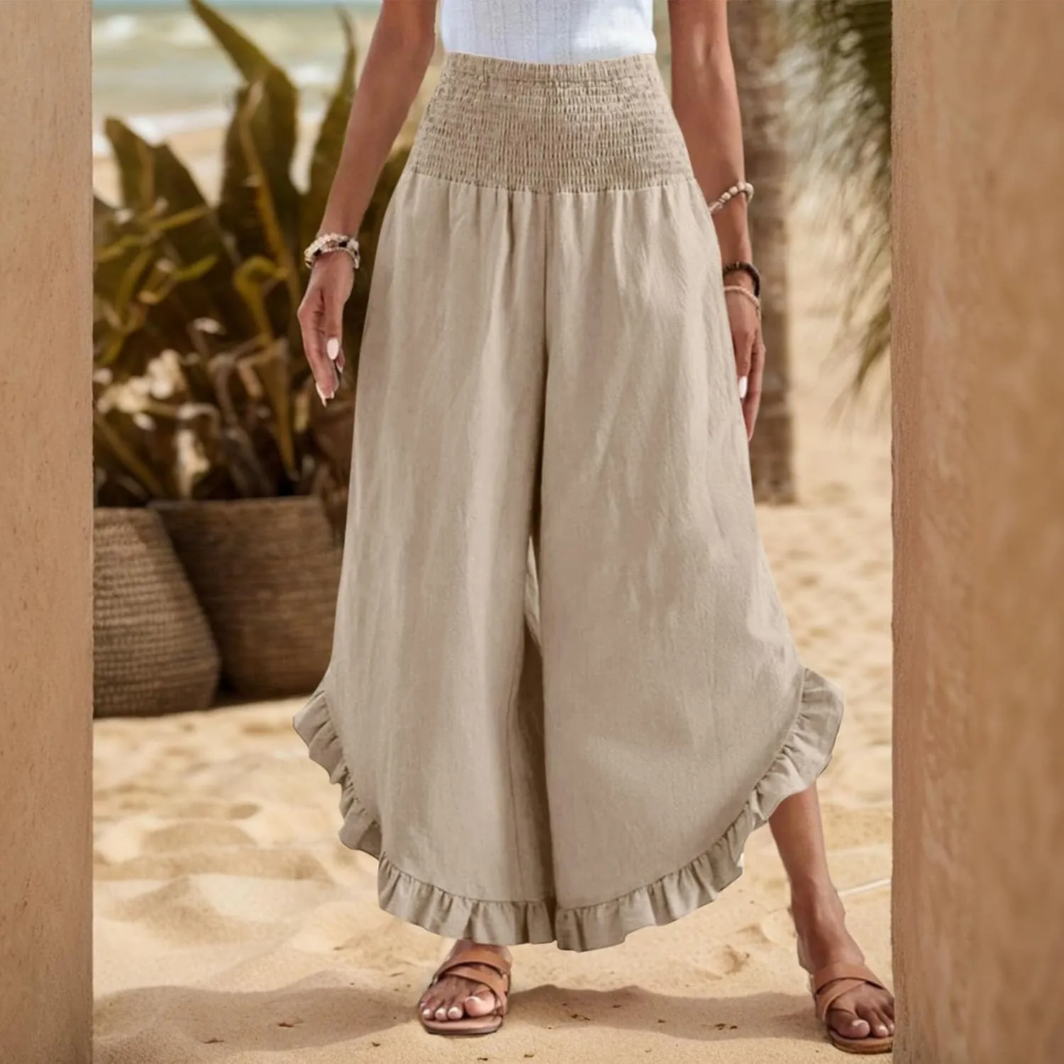 Linen Pants Women Summer Boho Wide Leg High Waist Lounge Palazzo Pant 2025 Casual Beach Vacation Outfits