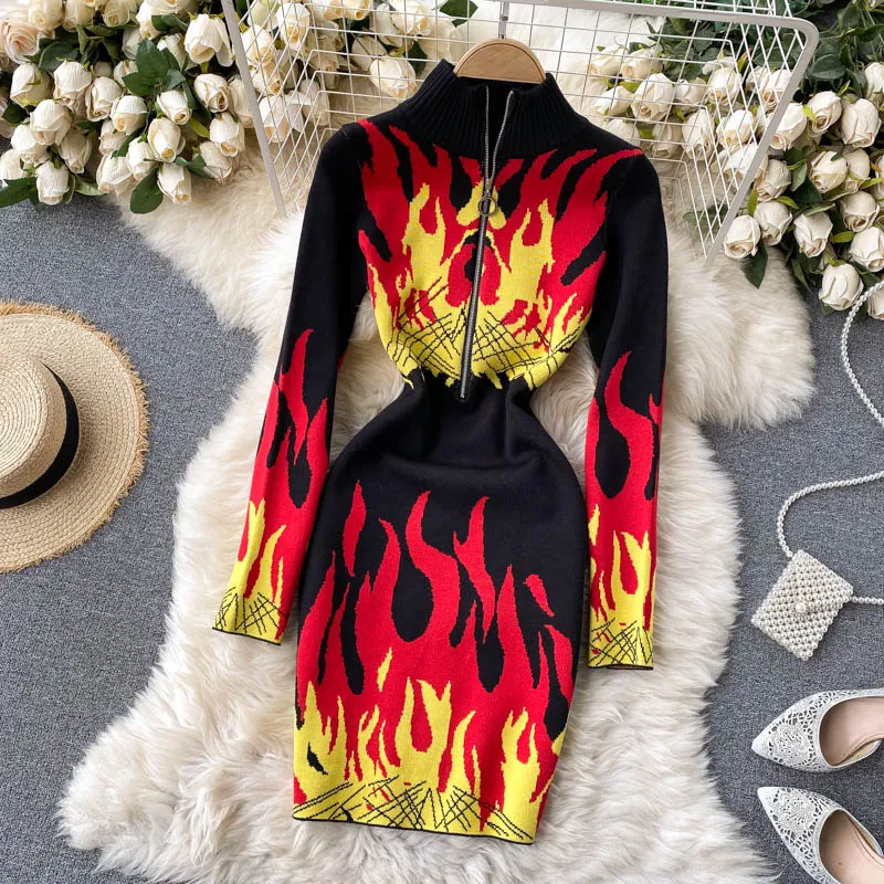Lumi Flame Print Sweater Dress