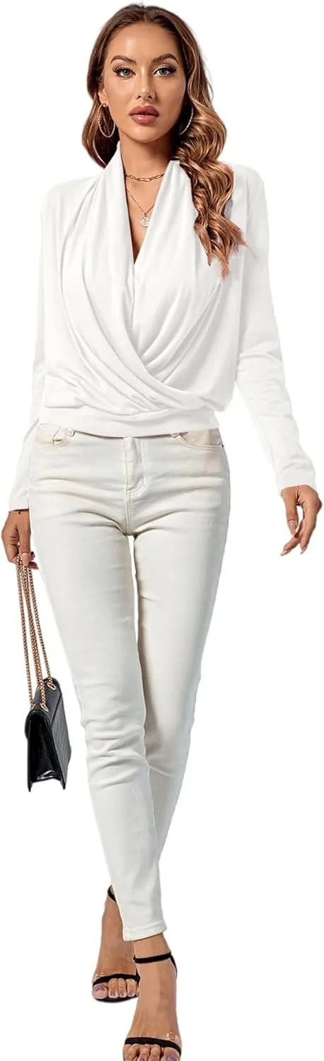 LYANER Women's Casual V Neck Cross Wrap Long Sleeve Solid Blouse Shirt Top