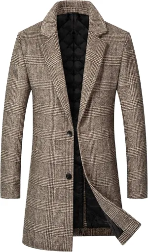 Men's Wool Blend Trench Coat Winter Long Single Breasted Peacoat Stylish Business Overcoat Slim Fit Pea Coat