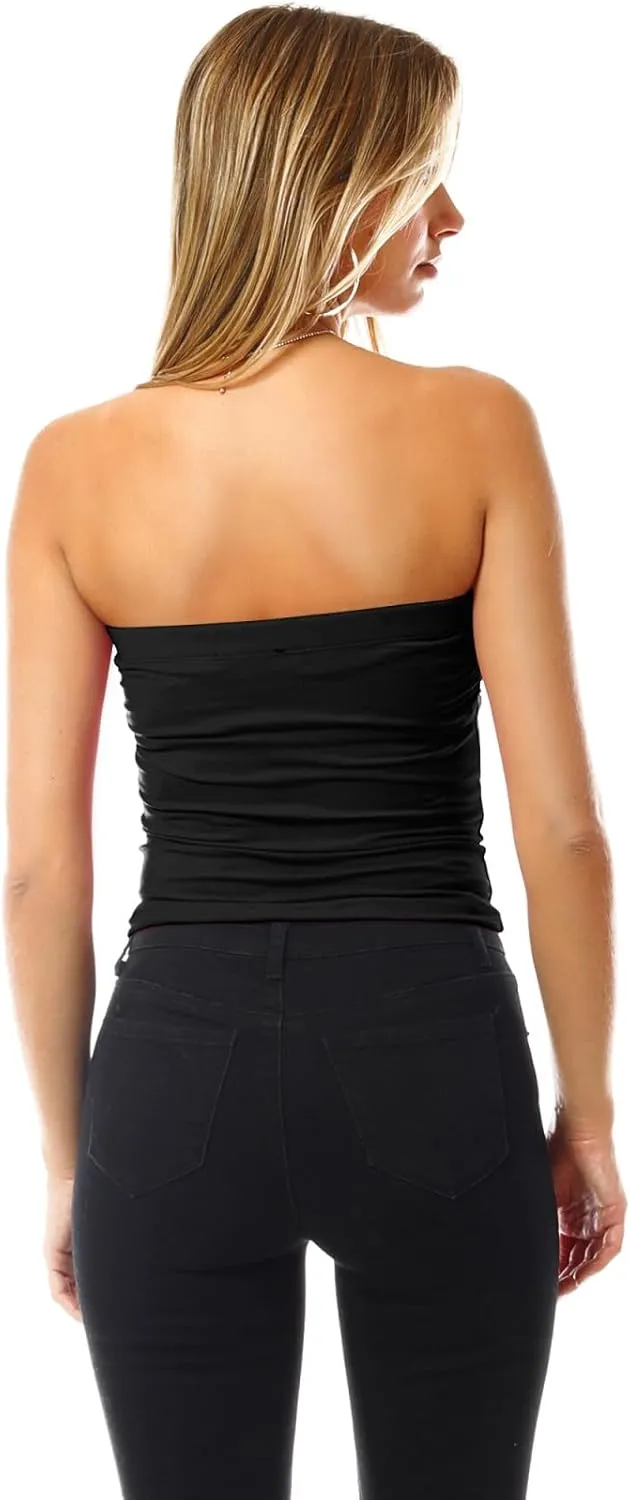 MixMatchy Women's 3 Pack Casual Summer Ruched Side Backless Double Layered Tube Top with Built in Shelf Bra