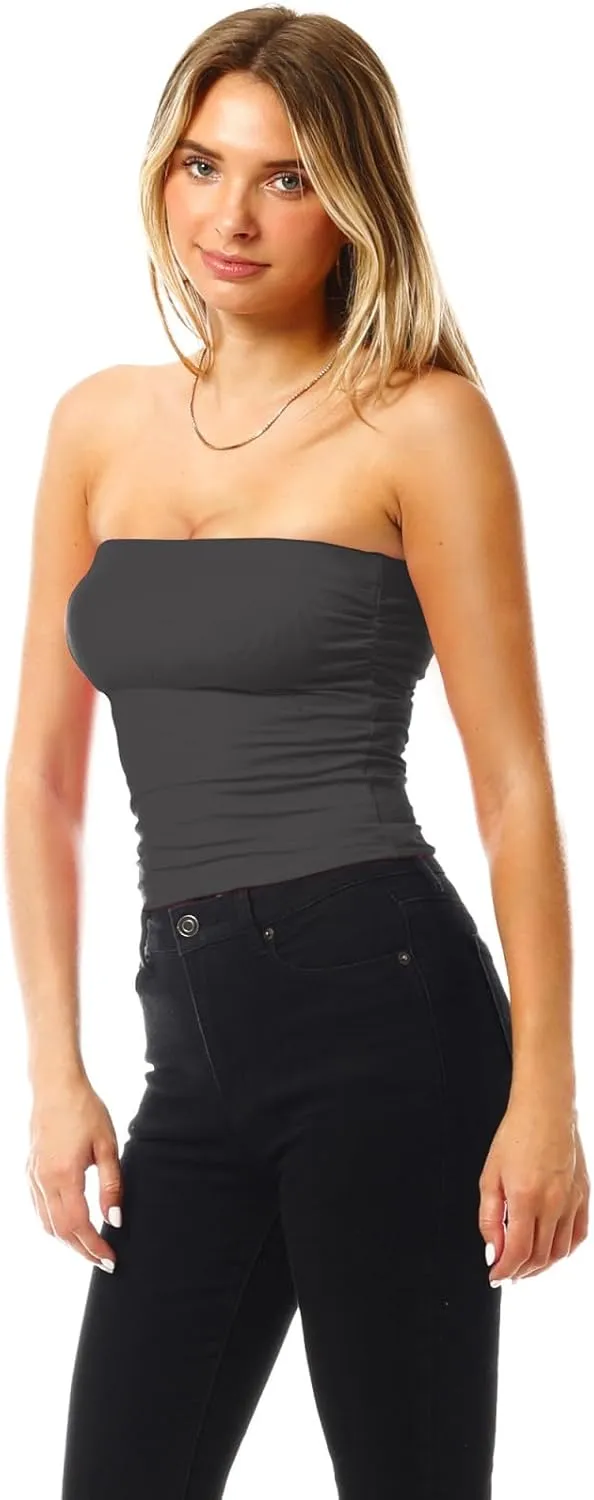 MixMatchy Women's 3 Pack Casual Summer Ruched Side Backless Double Layered Tube Top with Built in Shelf Bra