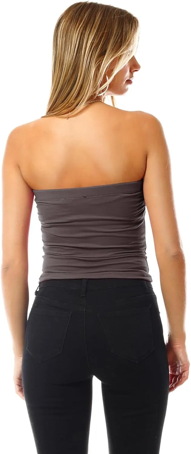MixMatchy Women's 3 Pack Casual Summer Ruched Side Backless Double Layered Tube Top with Built in Shelf Bra