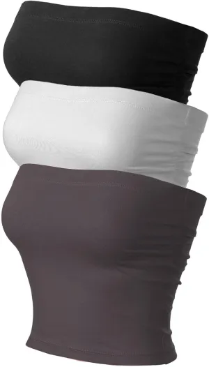 MixMatchy Women's 3 Pack Casual Summer Ruched Side Backless Double Layered Tube Top with Built in Shelf Bra