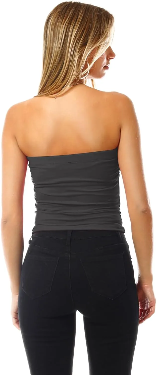 MixMatchy Women's 3 Pack Casual Summer Ruched Side Backless Double Layered Tube Top with Built in Shelf Bra