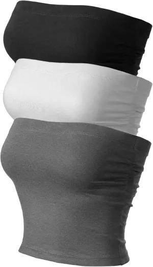 MixMatchy Women's 3 Pack Casual Summer Ruched Side Backless Double Layered Tube Top with Built in Shelf Bra
