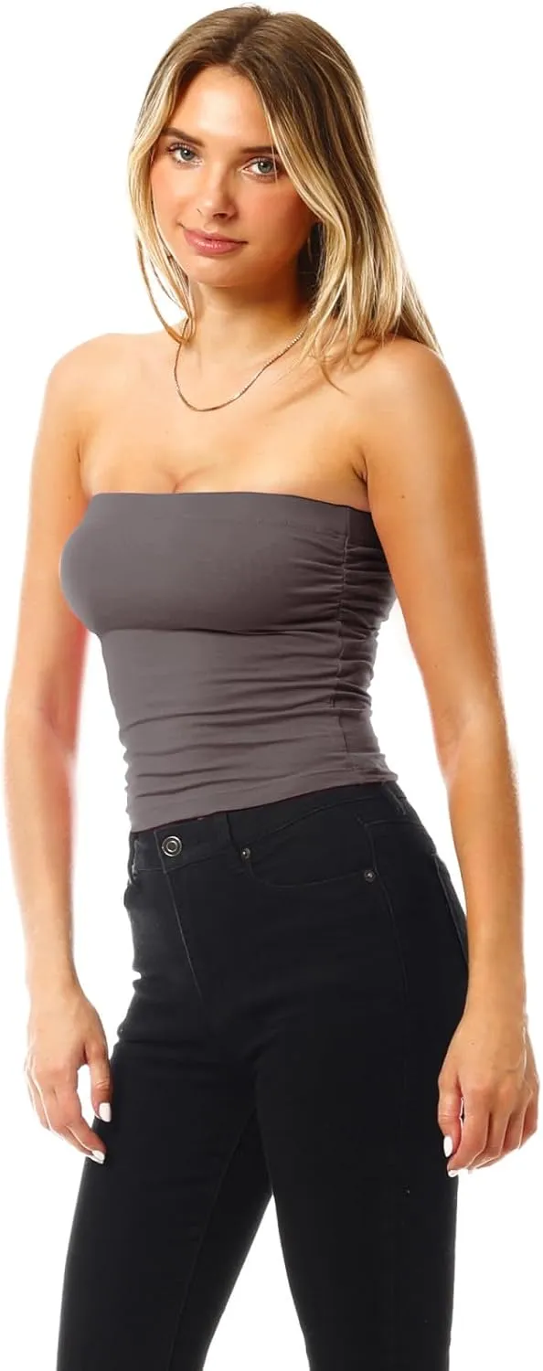 MixMatchy Women's 3 Pack Casual Summer Ruched Side Backless Double Layered Tube Top with Built in Shelf Bra