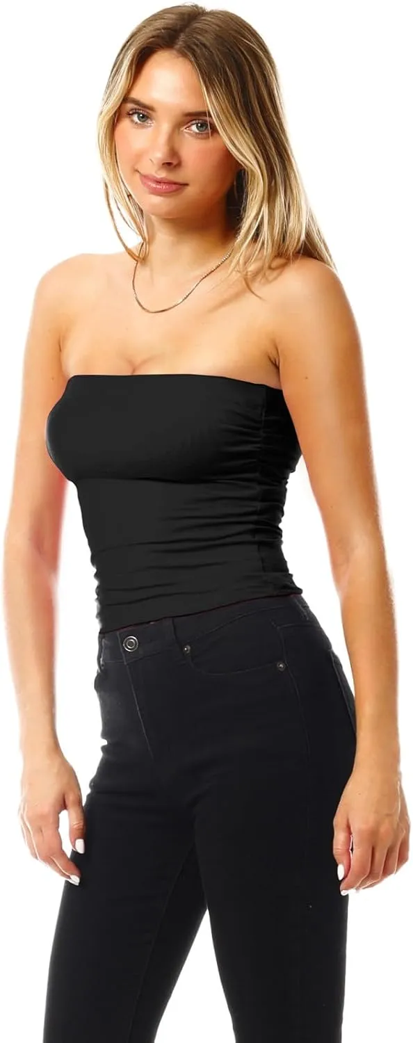 MixMatchy Women's 3 Pack Casual Summer Ruched Side Backless Double Layered Tube Top with Built in Shelf Bra