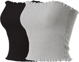 MixMatchy Women's Casual Basic Smocked Tube Tops Stretch Bustier Bandeau Crop Top 2 Pack