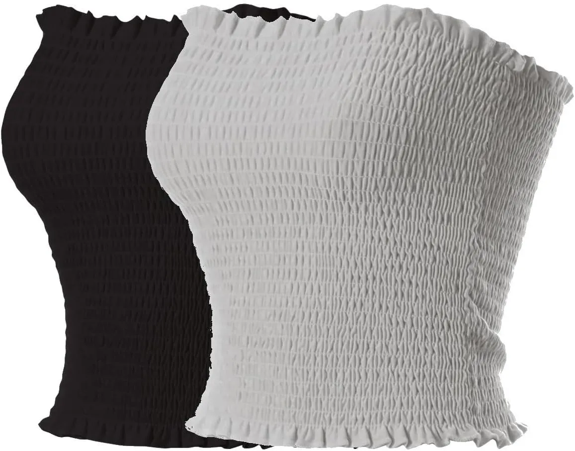 MixMatchy Women's Casual Basic Smocked Tube Tops Stretch Bustier Bandeau Crop Top 2 Pack