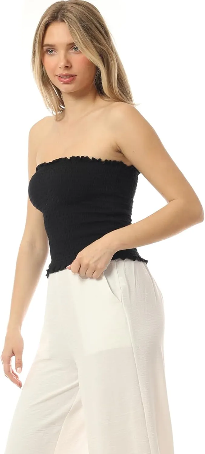 MixMatchy Women's Ruffled Smocking Crop Tube Tops Summer Casual Bandeau Top